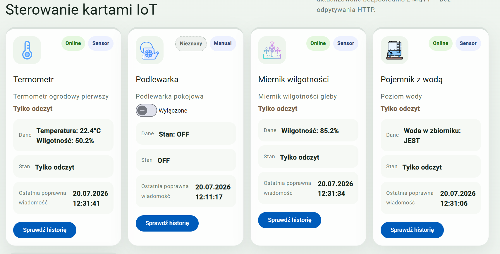 Aktualny panel InfoMind Smart Garden z kartami termometru, podlewarki, miernika wilgotności i poziomu wody